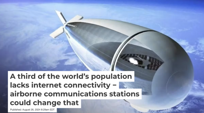 An experimental aircraft like this solar-powered airship could someday play a role in providing internet access to rural areas or disaster zones. Thales Alenia Space via Wikimedia Commons, CC BY-SA